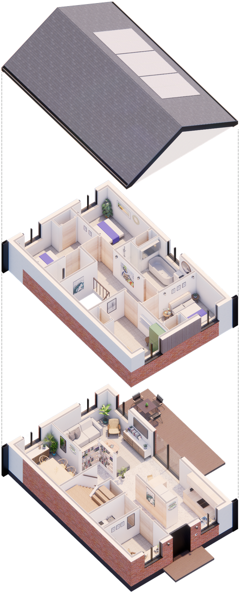 Exploded axonometric drawing of the V3.2 house type
